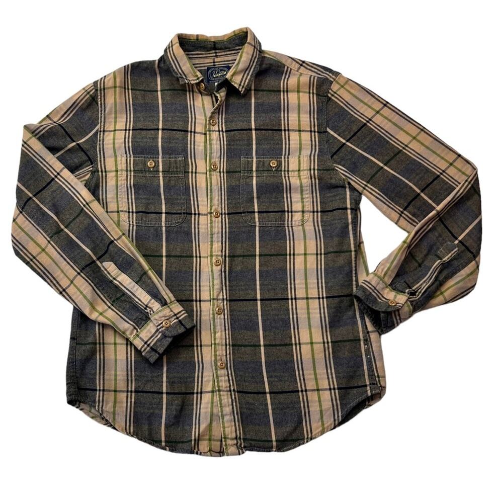 J. Crew Shirt Mens Long Sleeve Button Down Medium Beige Black Flannel Plaid